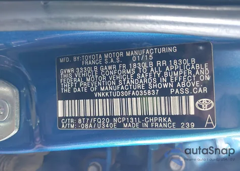 2015 Toyota Yaris L from USA, damaged, VIN VNKKTUD30FA035837